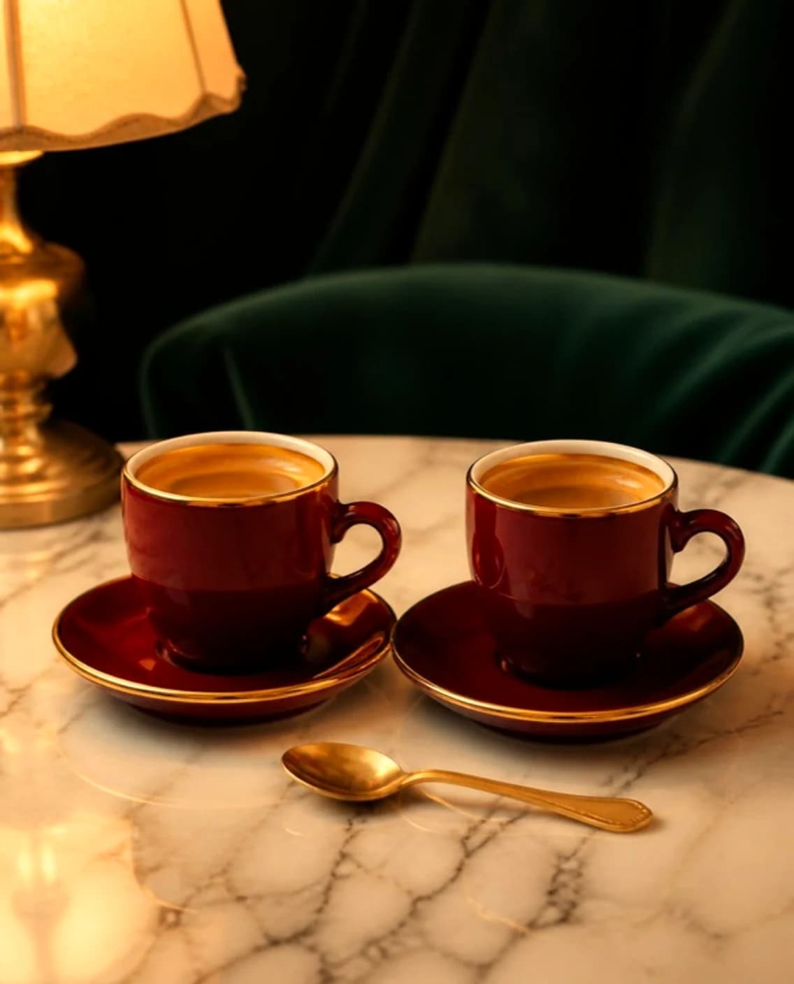 Two oxblood porcelain espresso cups with gold rims on marble, under a brass lamp