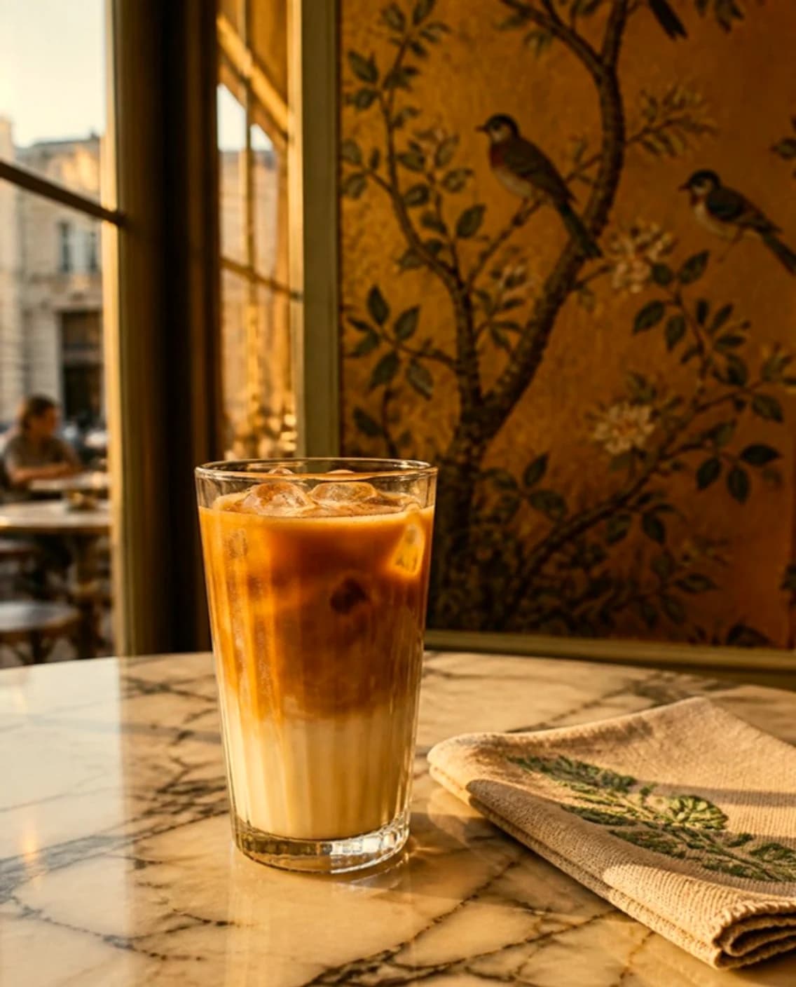 An iced Spanish latte in a ribbed glass beside an embroidered napkin